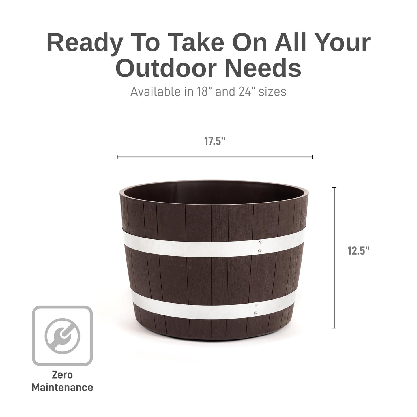 RTS Home Accents Better Barrel 2-Pack, 18-Inch Outdoor Planter, Walnut – Rustic Whiskey Barrel Style Heavy-Duty Resin Pot with Rusting Steel Bands for Patio, Porch & Garden