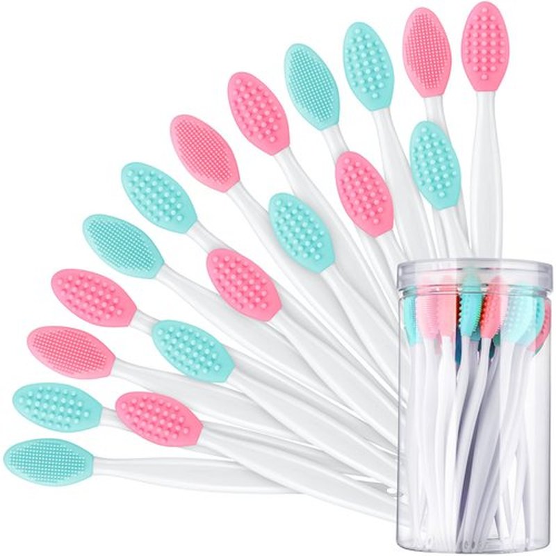 24 Pcs Silicone Exfoliating Lip Brush with Container, Double Sided Silicone Lip Scrubber Soft Cleaning Lip Brush Face Cleaning Applicator for Plump Smoother Lip Appearance (Pink, Green)