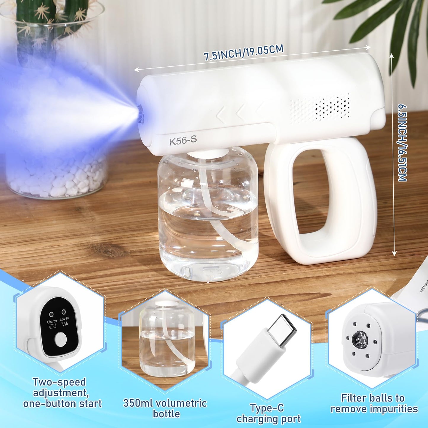 Mysora 2 Pack Rechargeable Nano Spray Gun Wireless Fogger Machine Handheld Electric Atomizer Portable Barber Mist Sprayer Nano Steam Gun with Blue Light for Home Office(K5mini)