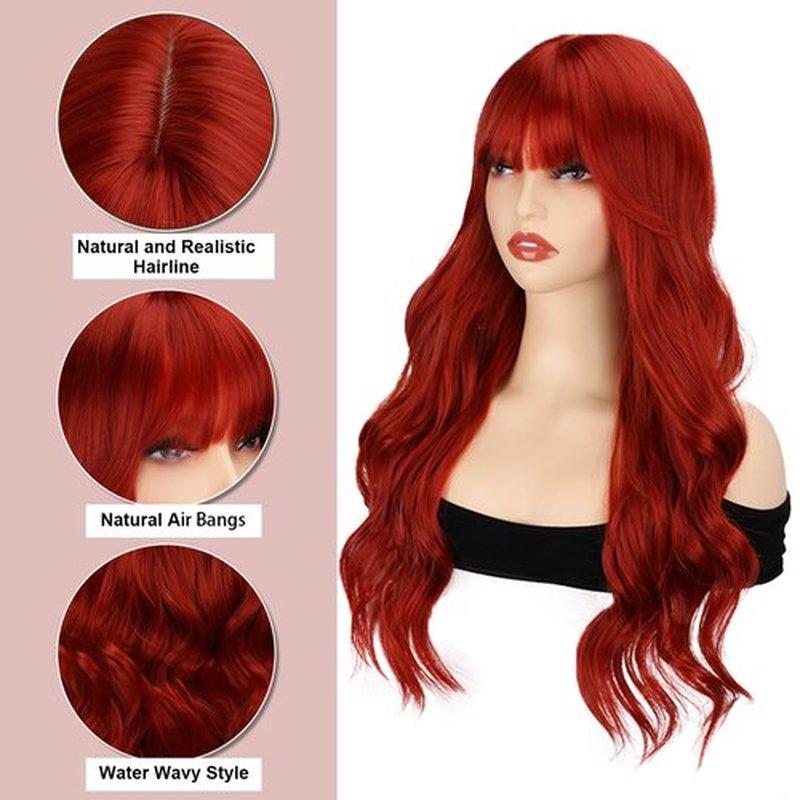 TOPHR Long Red Wig with Bangs 26 Inch Natural Wavy Heat Resistant Fiber Synthetic Red Wigs for Women Daily or Party Use