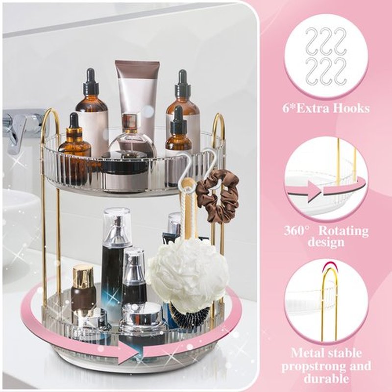Megapuxin Rotating Makeup Organizer for Vanity,Large Perfume Organizers Skincare Make Up Storage Cosmetic Dresser Organizer Countertop Organizer with Hooks DIY Stickers for Bathroom