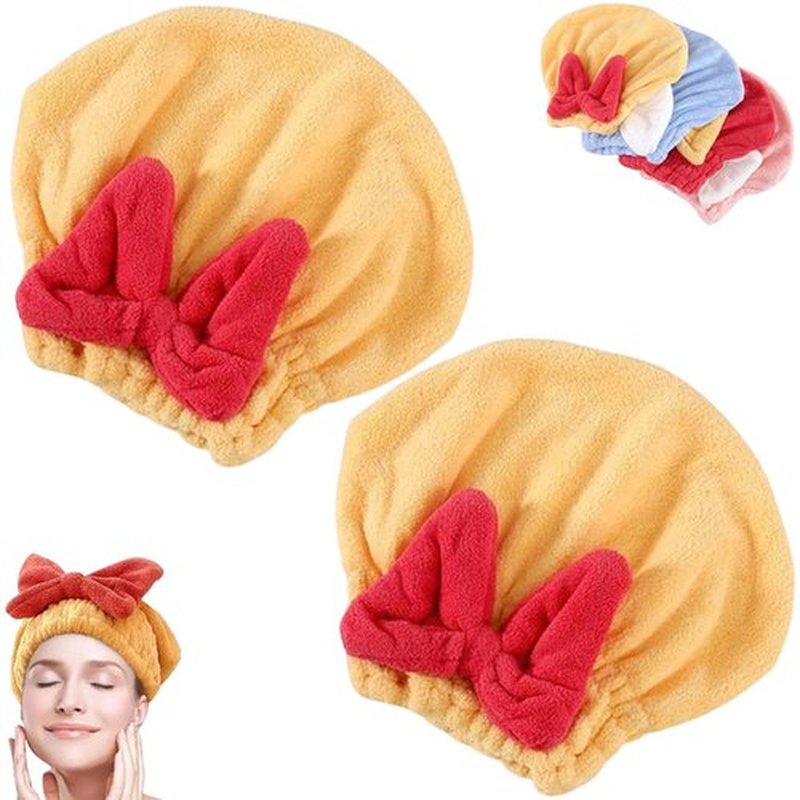 TKNIBEEN New Super Absorbent Hair Towel Wrap for Wet Hair,Ultra Absorbent Hair Quick Drying Towel for Women,Efficient Hair Towel,Soft Absorbent Quick Drying Cap with Bow-Knot (2pcs-Yellow)