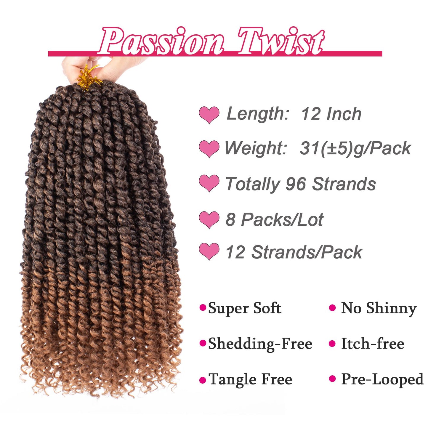 Leeven Short Passion Twist With Bohemian Hair 12 Inch 7 Packs Ombre Brown Pre-twisted Crochet Passion Twists Synthetic Braiding Hair Curly Ends Braids Twist Hair for Women 12 Roots/Pack T30#