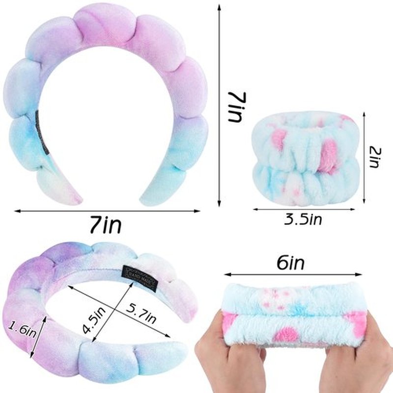Zkptops Spa Headband for Washing Face Wristband Set Sponge Makeup Skincare Velvet Fabric Bubble Soft Get Ready Hairband for Women Puffy Padded Headwear Non Slip Thick Hair Accessory(Bluish Violet)