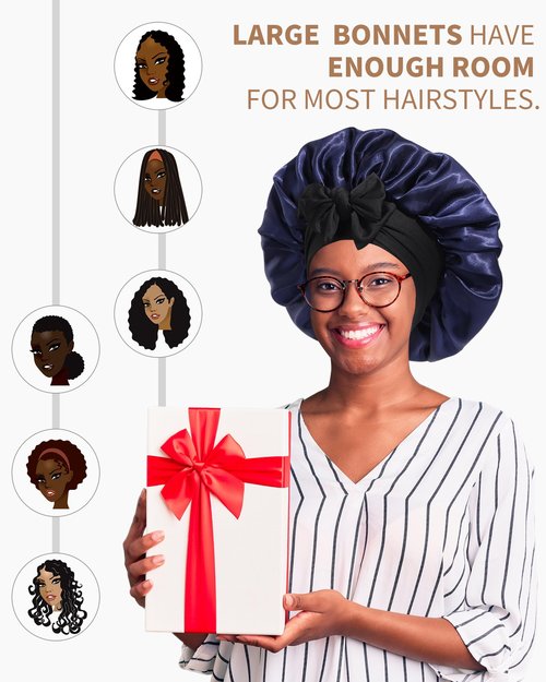 Satin Bonnet for Women Silk Bonnets for Sleeping Curly Hair Bonnet with Elastic Tie Band Reversible Double Layer Sleep Cap Hair Wrap (Black + Dark Blue)