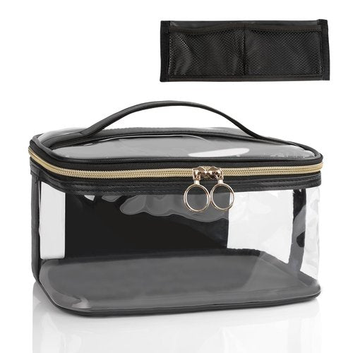 OCHEAL Makeup Bag, Clear Makeup Organizer Bag Portable Cosmetic Bag, Cute Transparent Makeup Case For Women and Girls traveling Storage with zipper Divider Brush Compartment-Black