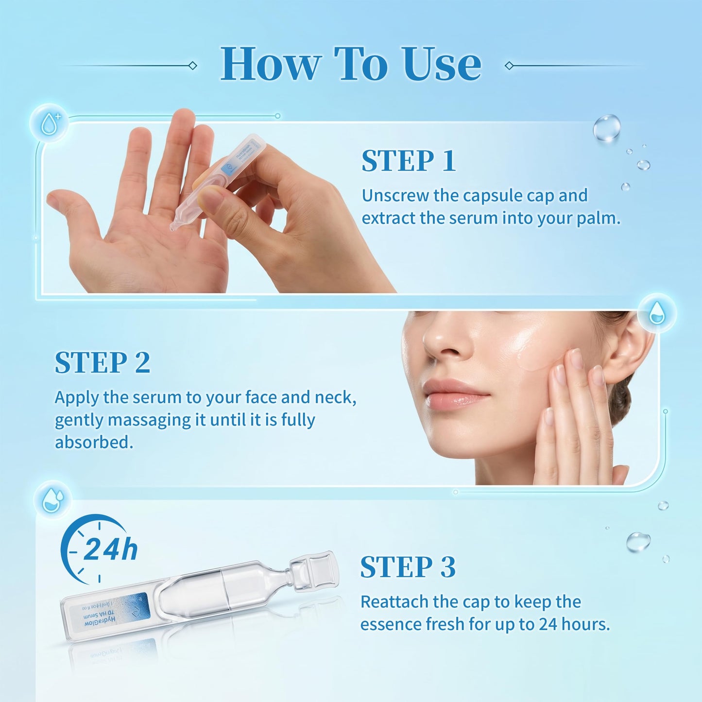 3% Hyaluronic Acid Serum for Face with 7D Multi-Layer Hydration, Ultra Hydrating Face Serum Anti-Aging Facial Moisturizer for Dry & Sensitive Skin Pre-Makeup Skincare Single-Use Vials 1.2ml x 30pcs