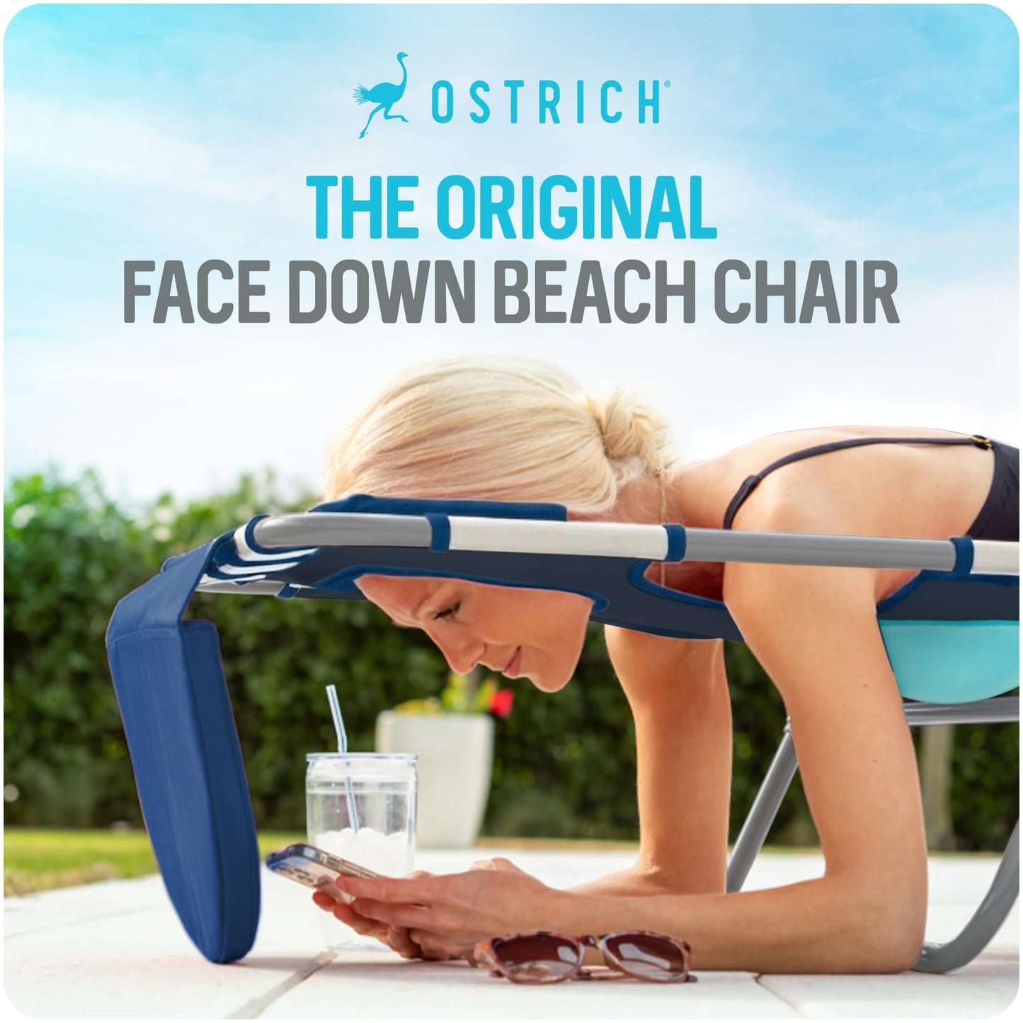 Ostrich the Ladies Comfort Lounger with Chest Support, Foldable & Portable Reclining Outdoor Patio Beach Lawn Camping Pool Tanning Chair, Blue Stripe