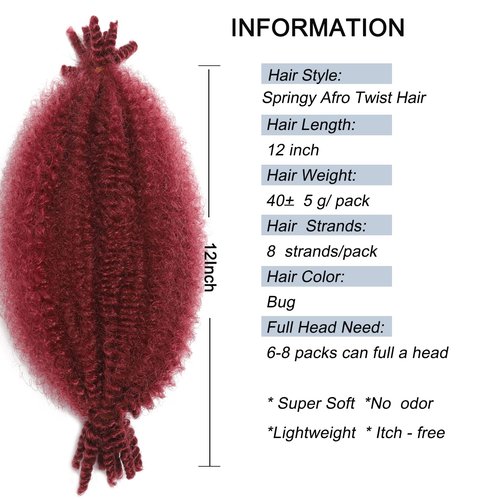 Parceria 12 Inch Springy Afro Twist Hair 8 Packs Marley Twist Braiding Hair Pre-fluffed Spring Twist Hair Kinky Hair Afro Twist Hair Marley Hair for Faux Locs (12 Inch (Pack of 8), Bug# Marley Twist)