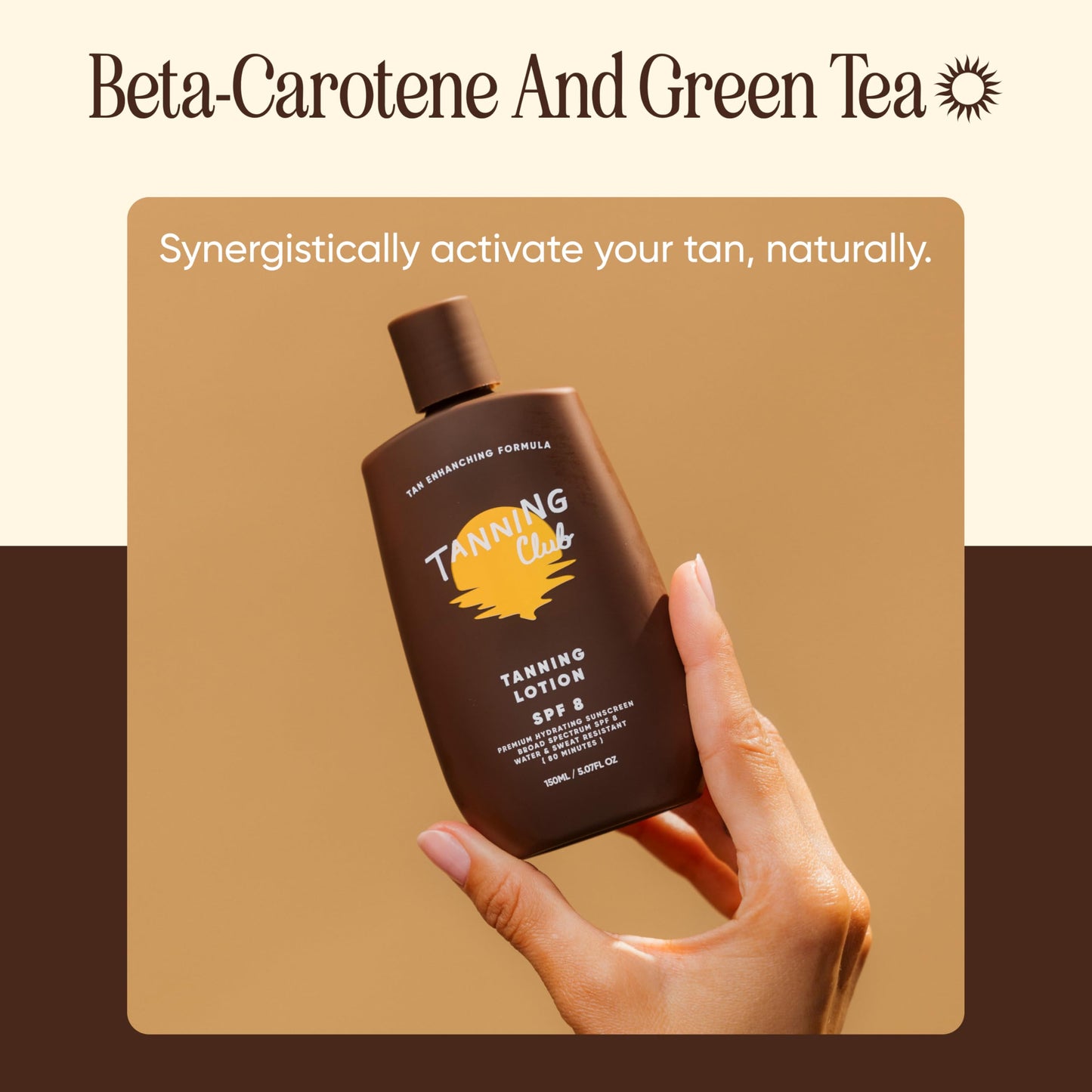 Tanning Club - Tanning Lotion SPF 8 - Hydrating Sun Care with Beta-Carotene, Green Tea, and Aloe - Water and Sweat Resistant (80 Minutes) - 150 ml