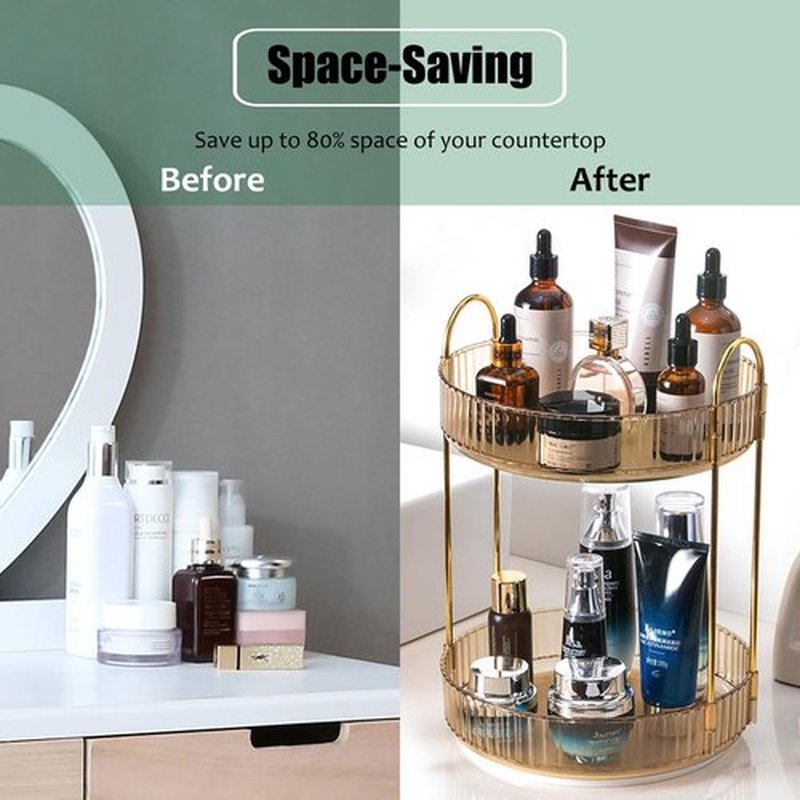 Zufudo Rotating Makeup Organizer 2 Tier Lazy Susan Trays Skincare Perfume Organizer for Bathroom Counter Vanity, Amber Gold
