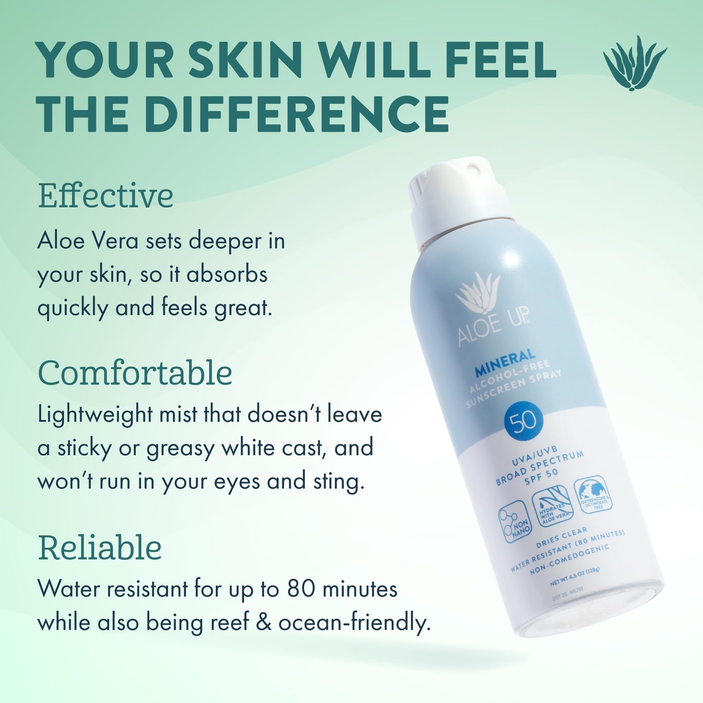 Aloe Up Mineral Sunscreen Spray SPF 50 – Broad Spectrum Protection for Face & Body – Gen2 Zinc Oxide & Aloe Vera Gel –, Water Resistant 80 Minutes – Fragrance-Free – 4.5 Oz