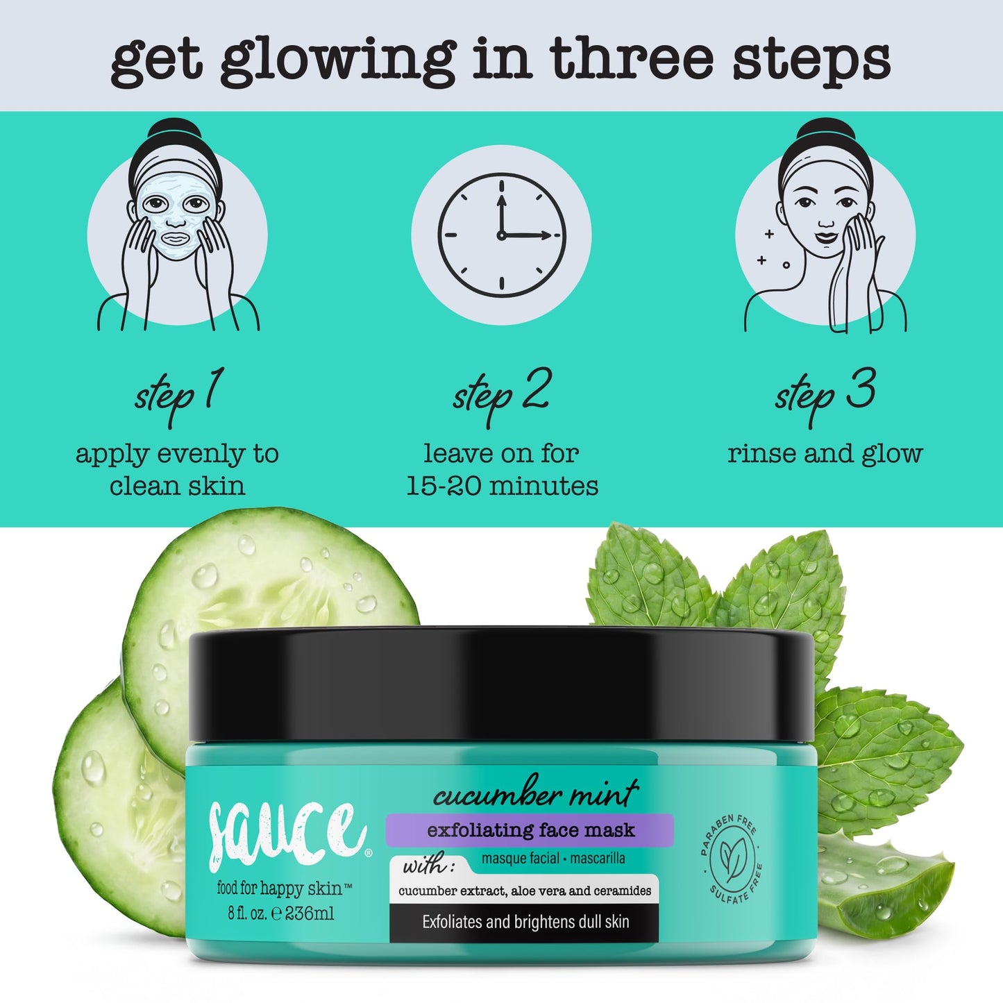 SAUCE Exfoliating Face Mask, Cucumber Mint, 8 Fl Oz