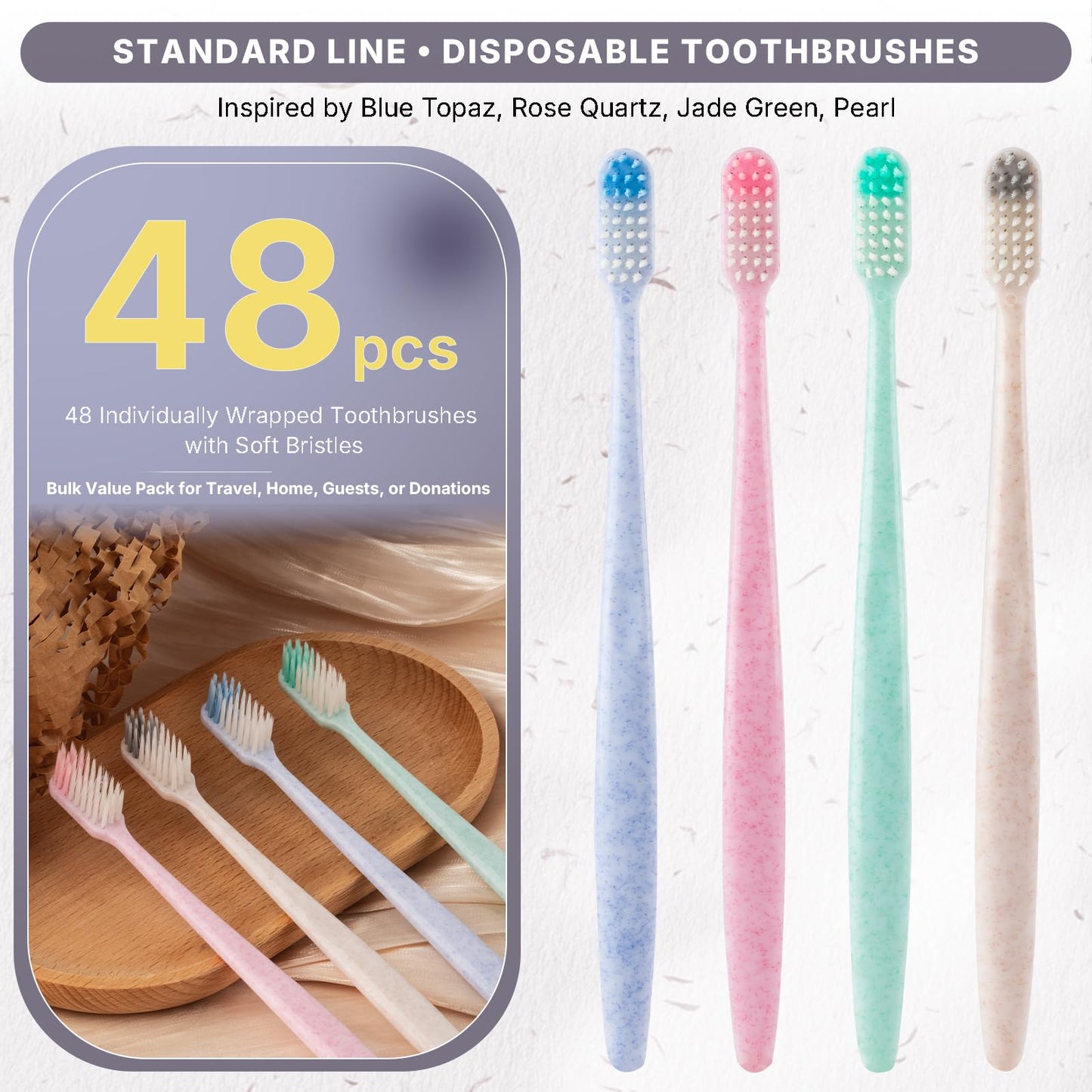Fresings 48-Pack Disposable Toothbrushes Individually Wrapped, Soft PBT Bristle Bulk Portable Travel Toothbrushes for Adults & Kids, Guest Bathroom, Hotel, Camping, Donation - 4 Gemstone Colors