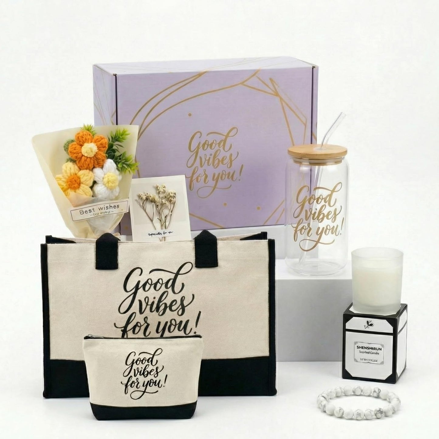 Birthday Gifts for Women 7PCS, Self Care Spa Gift Basket for Mom Wife Sister Friend, Relaxation Gift Box with Canvas Tote Bag Cosmetic Pouch Glass Cup Candle Bracelet Sunflower Bouquet Card