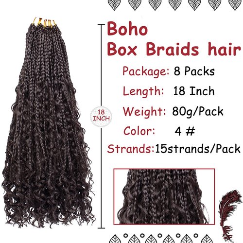 Beverlee 18 Inch 8 Packs Boho Box Braids Goddess Box Braids Crochet Hair Bohemian Hippie Braids Braiding Hair Box Braids with Curly Ends Messy Pre-looped Synthetic Crochet Hair for Black Women