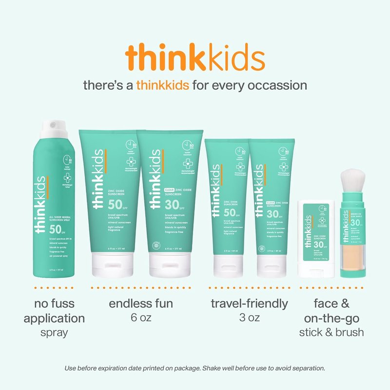 Thinkkids SPF 30 Mineral Sunscreen for Kids - Natural Vegan Clear Zinc Oxide | 6 fl oz, Water Resistant UVA/UVB Protection