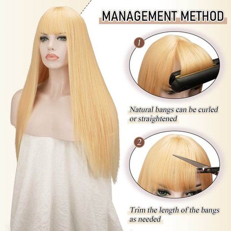 SOFEIYAN 26 inches Long Straight Wig with Bangs Blonde Synthetic Hair Replacement Wigs Heat Resistant Full Wig for Women Girls