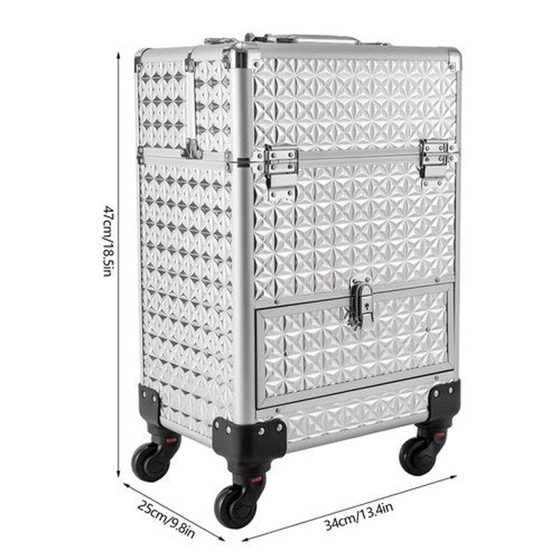 Rolling Makeup Train Case with Drawers&4 Wheel, Professional Aluminum Cosmetic Trolley Cases, Manicure Storage Case Trolley Makeup Case, Portable Beauty/Hair Styling Travelling Cart Trunk (Silver)