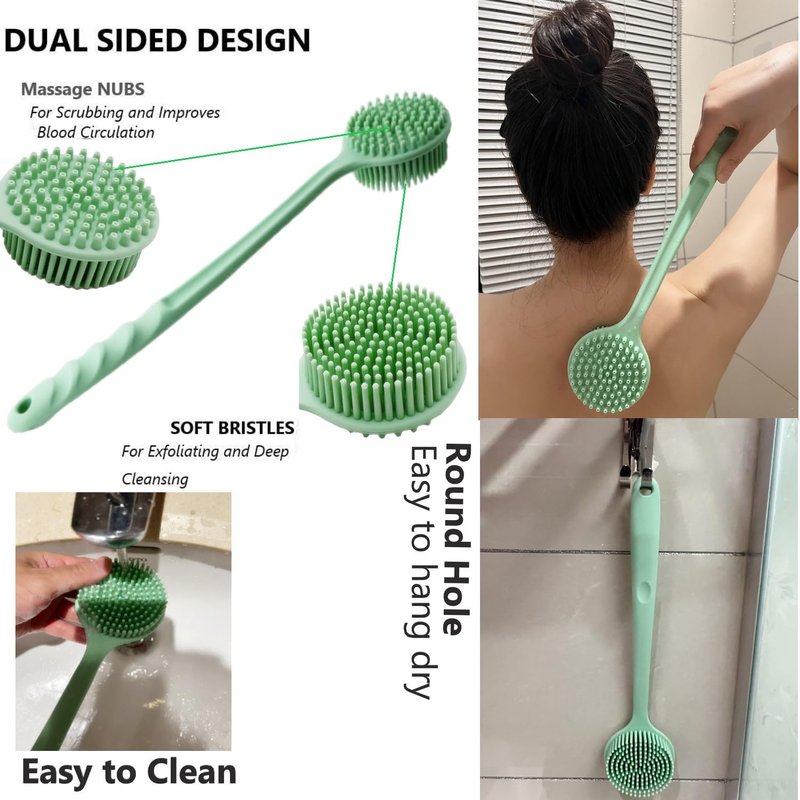 Silicone Body Scrubber - Long Handle Exfoliating Shower Brush for All Ages | Ideal for Smooth Skin