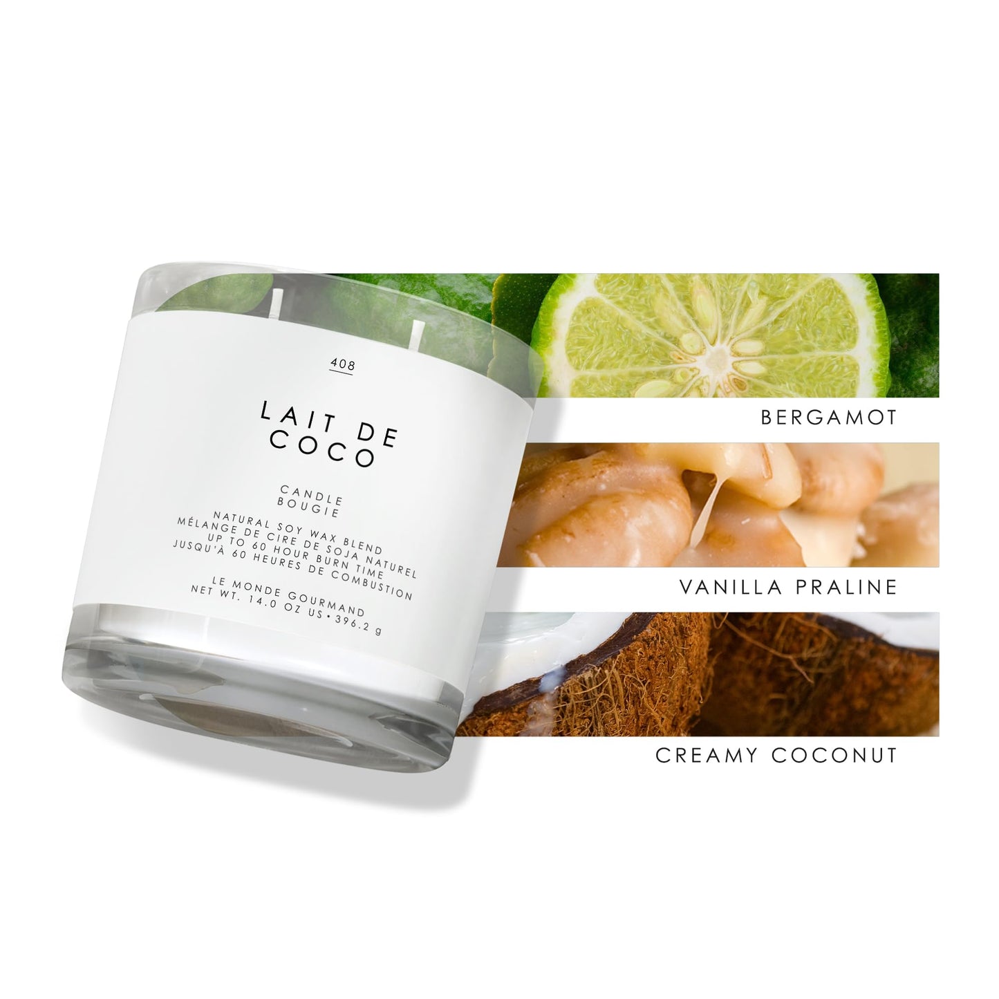 Le Monde Gourmand Lait de Coco Natural Soy-Wax Blend Candle - 14 oz - Fresh, Creamy, Clean with Vanilla and Coconut Fragrance Notes
