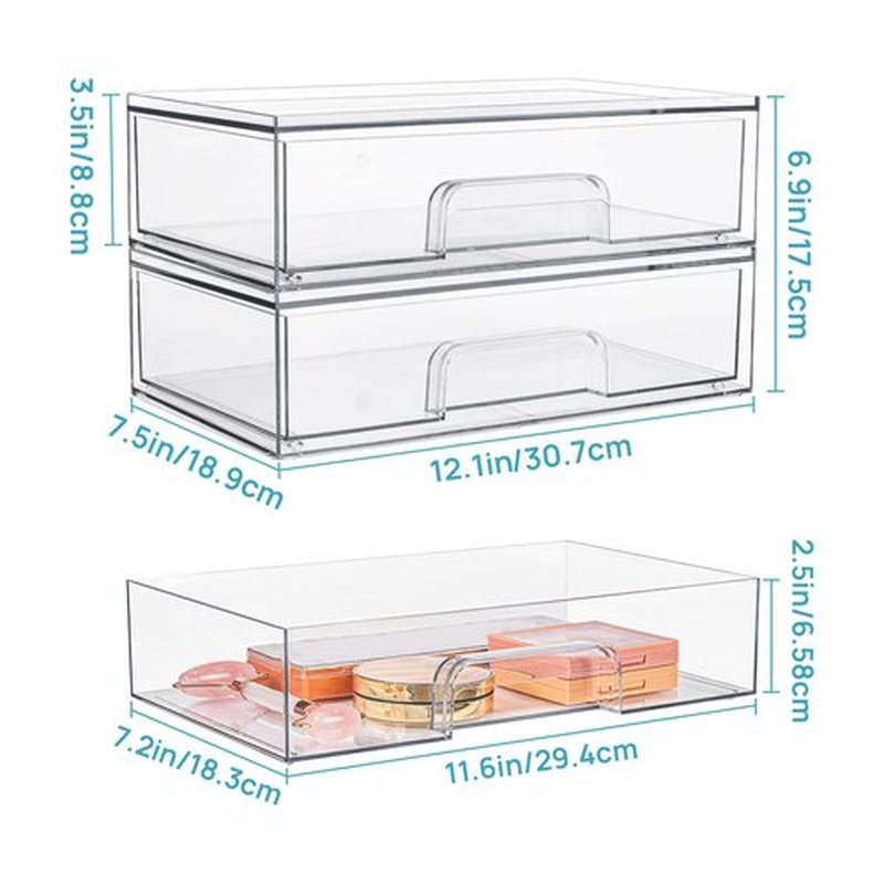 Vtopmart 12.1''W Clear Stackable Storage Drawers,4 Pack Acrylic Plastic Organizers Bins for Makeup Palettes, Cosmetics, and Beauty Supplies,Ideal for Vanity, Bathroom,Cabinet,Desk Organization