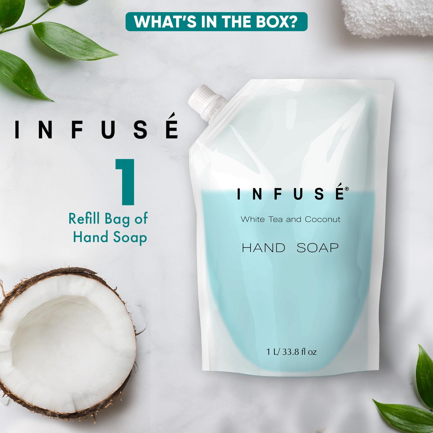 INFUS 1 Liter Hand Wash Refill Bag for Soap Dispensers | Bulk Toiletries for Vacation Rentals and Home Bathroom Showers | White Tea and Coconut | Single