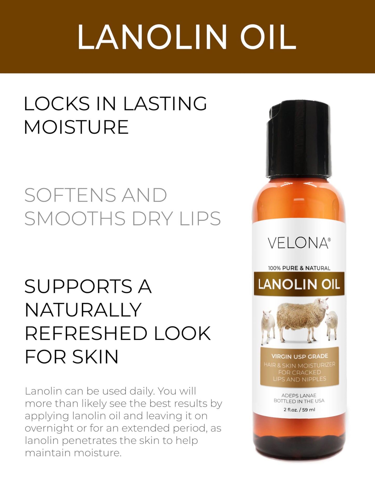 velona Lanolin Oil USP Grade 2 fl oz | 100% Pure and Natural Carrier Oil | Refined, Cold pressed | Skin, Hair, Body & Face Moisturizing | Use Today - Enjoy Results