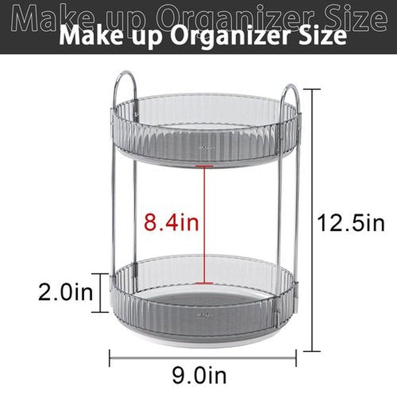 shuang qing Rotating Makeup Organizer for Vanity 2 Tier, High-Capacity Skincare Clear Make Up Storage Perfume Organizers Cosmetic Dresser Organizer Countertop 360 Spinning （Grey）