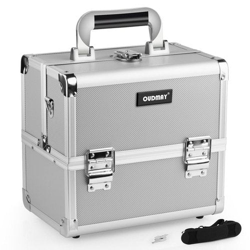 OUDMAY Makeup Case - Professional Portable Aluminum Cosmetics Storage Box With Locks and 2-Deck Folding Trays Silvery Diamond