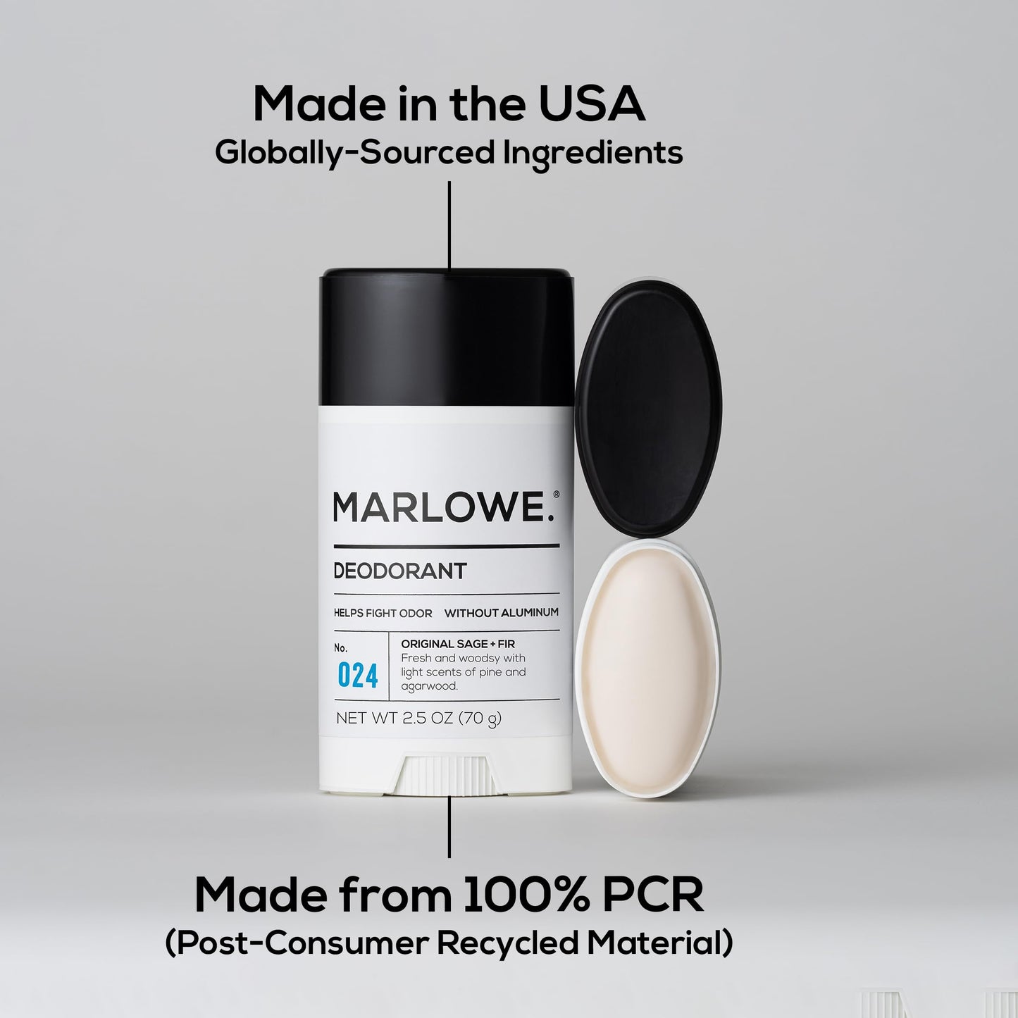 MARLOWE. Aluminum Free Men's Deodorant Stick, Original Sage & Fir, 2.5 oz