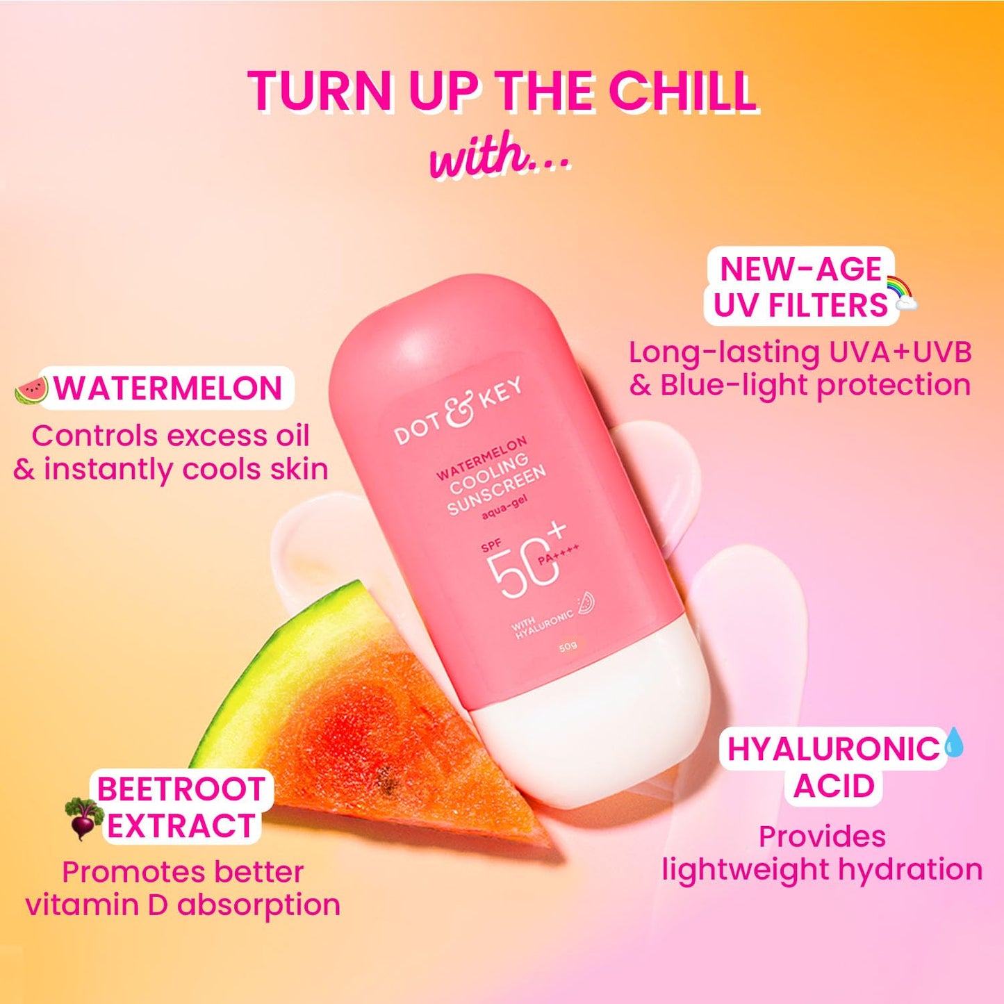 Dot & Key Watermelon Sunscreen SPF 50 PA++++ with Hyaluronic Acid, Broad Spectrum, 1.76 oz (50 g)