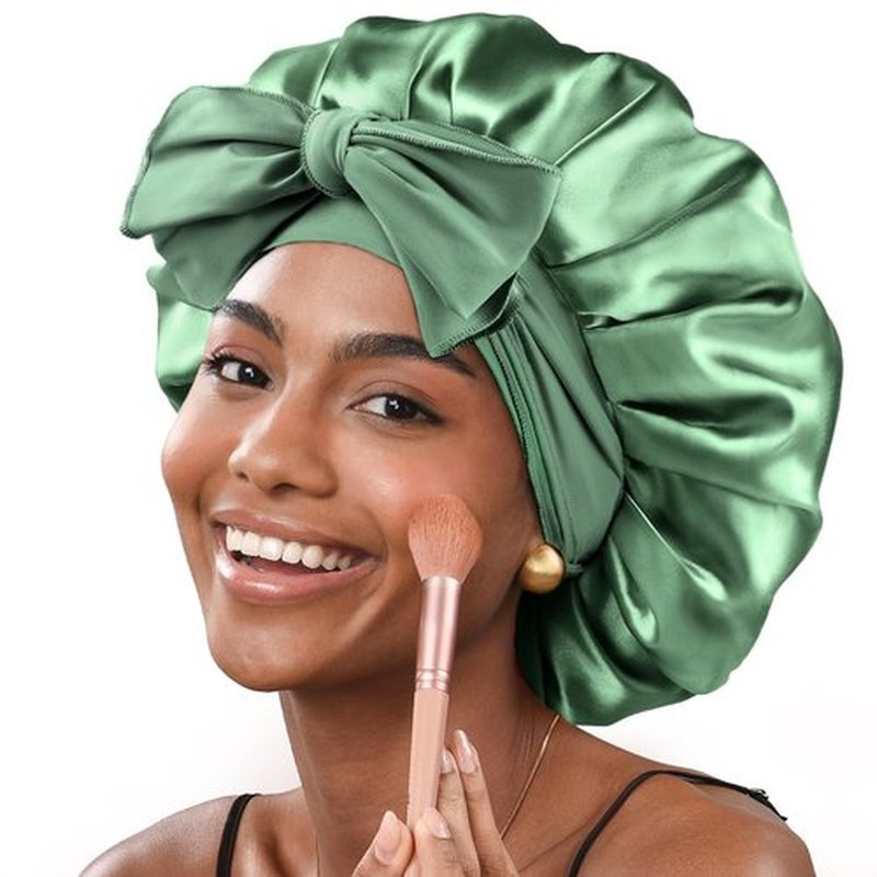 YANIBEST Large Jumbo Satin Hair Bonnets for Sleeping Double Layer Satin Lined Shower Cap for Women Men Cap for Curly Natural Hair,Green