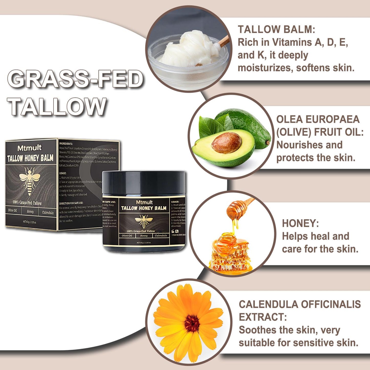Mtmult Beef Tallow for Skin - Tallow and Honey Balm for Face, Hydrating with Grass-Fed Beef Tallow, Raw Honey & Beeswax | Beef Tallow for Face & Body Tallowyn Skin Balm