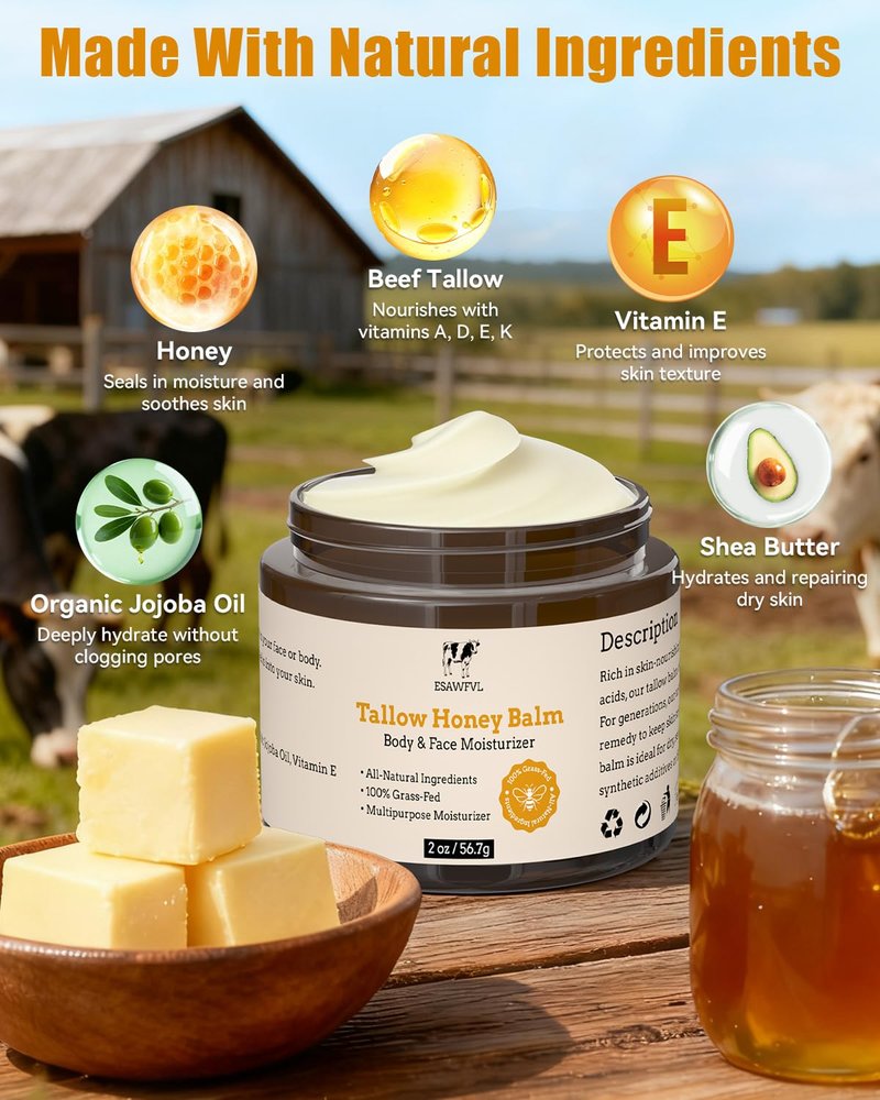 Beef Tallow Skin Moisturizer | Whipped Tallow & Honey Balm for Body & Face - 2oz, Natural Grass-Fed Formula