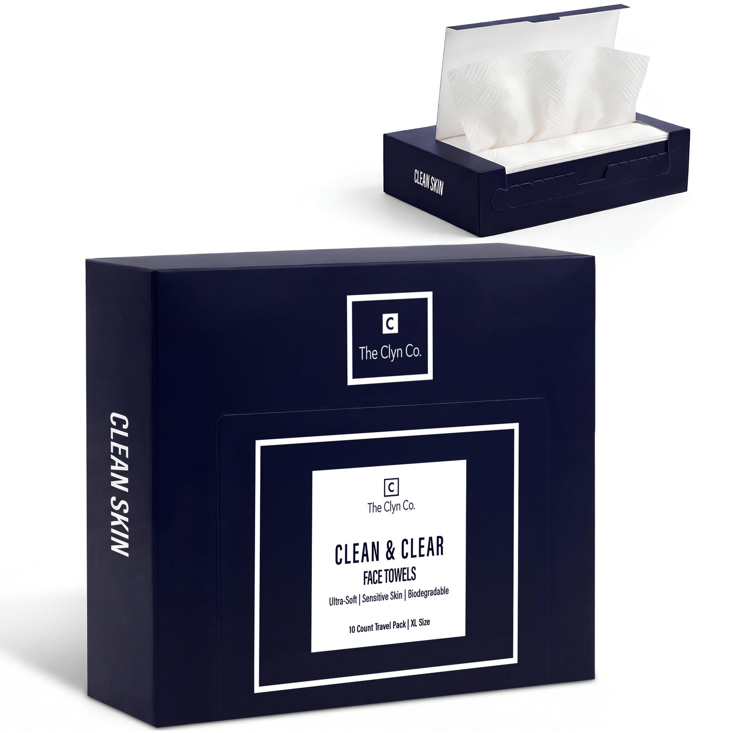 The Clyn Co. Clean & Clear Face Towels Travel Box, Disposable Luxury Facial Towels, 100% Viscose Lint-Free Ultra Soft Dry Wipes, Facial Drying & Gentle Makeup Removal, XL 10×12 Size, 10 Count