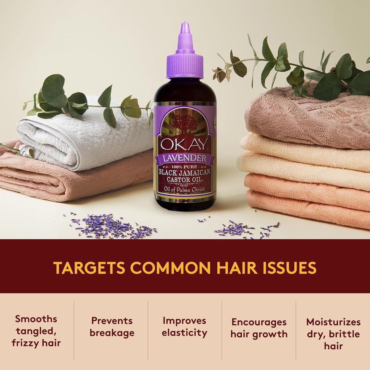 OKAY Pure Naturals Black Jamaican Castor Oil - Castor Oil for Hair Growth, Moisture for Skin, Face, Scalp, Eyelashes, Eyebrows - Hair Oil for Men & Women - Lavender, 4 Oz