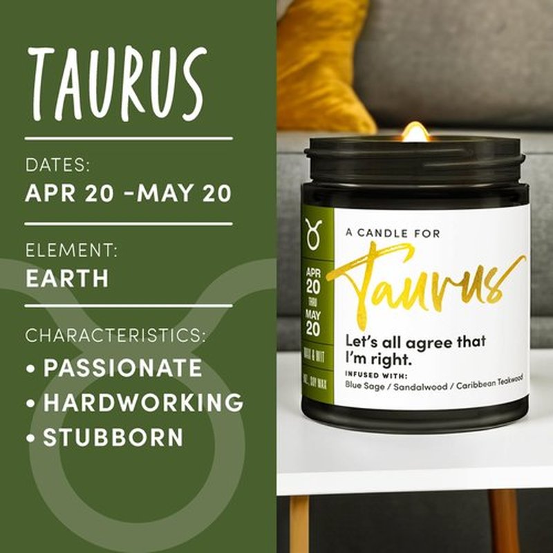 WAX & WIT Taurus Gifts for Women, Zodiac Gifts, Astrology Gifts for Women, Zodiac Candles, Taurus Candle, April Birthday Gifts, May Birthday Gifts for Women, Astrology Candle, Birthday Candle - 9oz