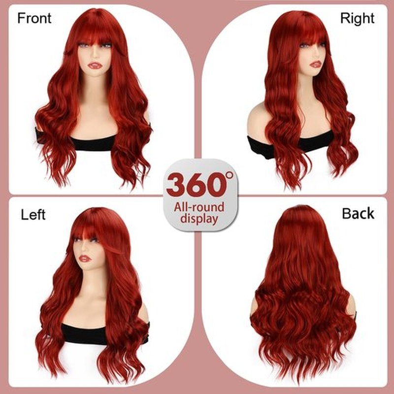 TOPHR Long Red Wig with Bangs 26 Inch Natural Wavy Heat Resistant Fiber Synthetic Red Wigs for Women Daily or Party Use