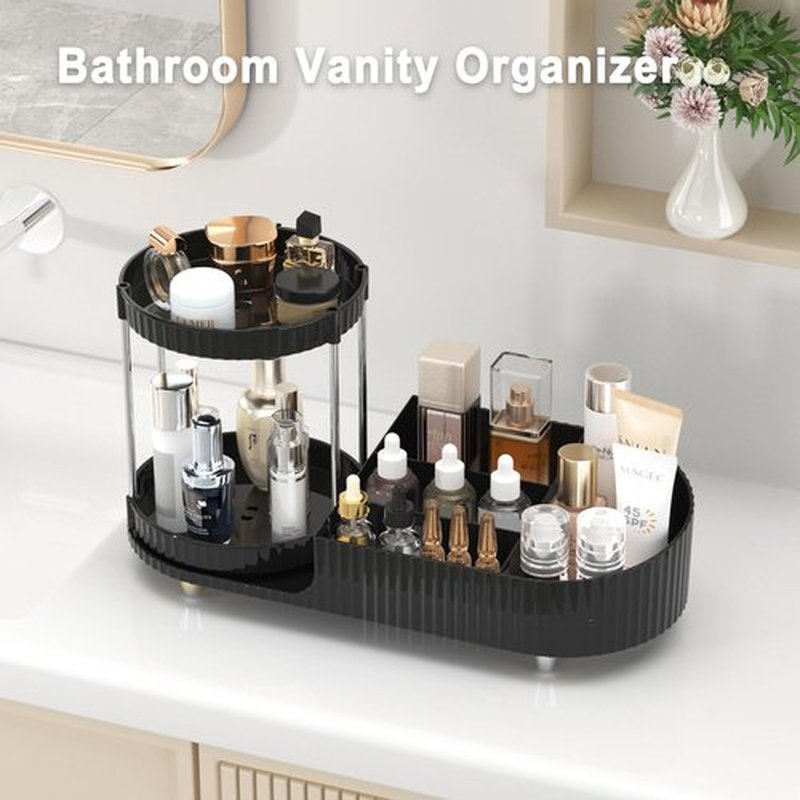Lulltou Makeup Organizer Countertop with Partition Slot for Vanity, Plastic Vanity Organizers and Storage, 2-in-1 Large Desk Makeup and Skincare Organizers with Perfume Tray for Cosmetics Bathroom