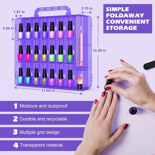 Beloving 2pcs Nail Polish Organizer, Portable 48 Bottles Clear Nail Polish Holder with Adjustable Divider, Gel Nail Polish Storage Double Side Nail Polish Organizer Case for Nail Tech Purple