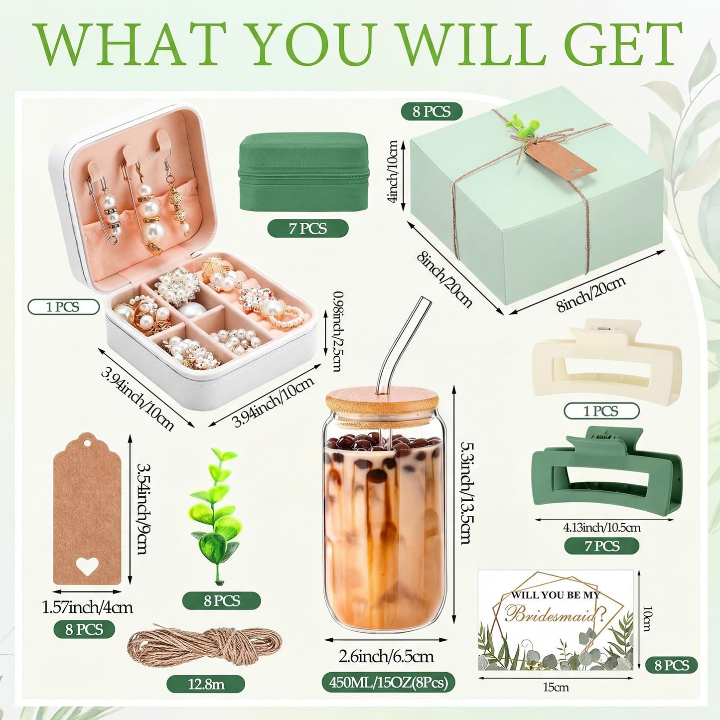 Quelay 56 Pcs Bridal Gift Set, 15oz Glass Cup, Mini Jewelry Box, Square Clips, Will You Be My Bridesmaid Invitation Card for Bridal Shower & Bachelorette Party(Classic,Green)