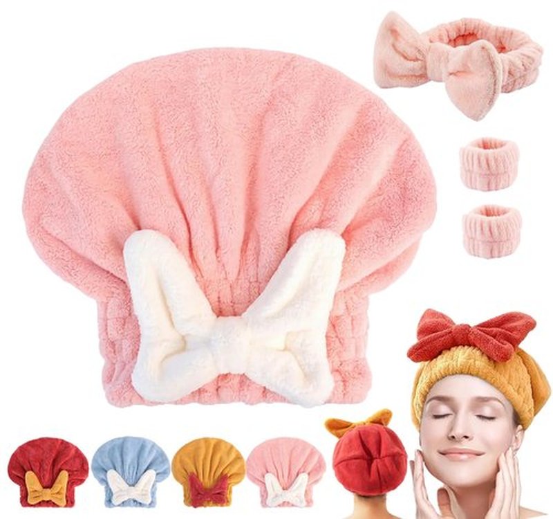 bokando Super Absorbent Hair Towel Wrap for Wet Hair, Efficient Hair Towel Wrap for Women, Quick-Drying Thickened Soft Bow Tie Hair Towel Wrap for Wet Frizzy Long Thick Hair (Pink)