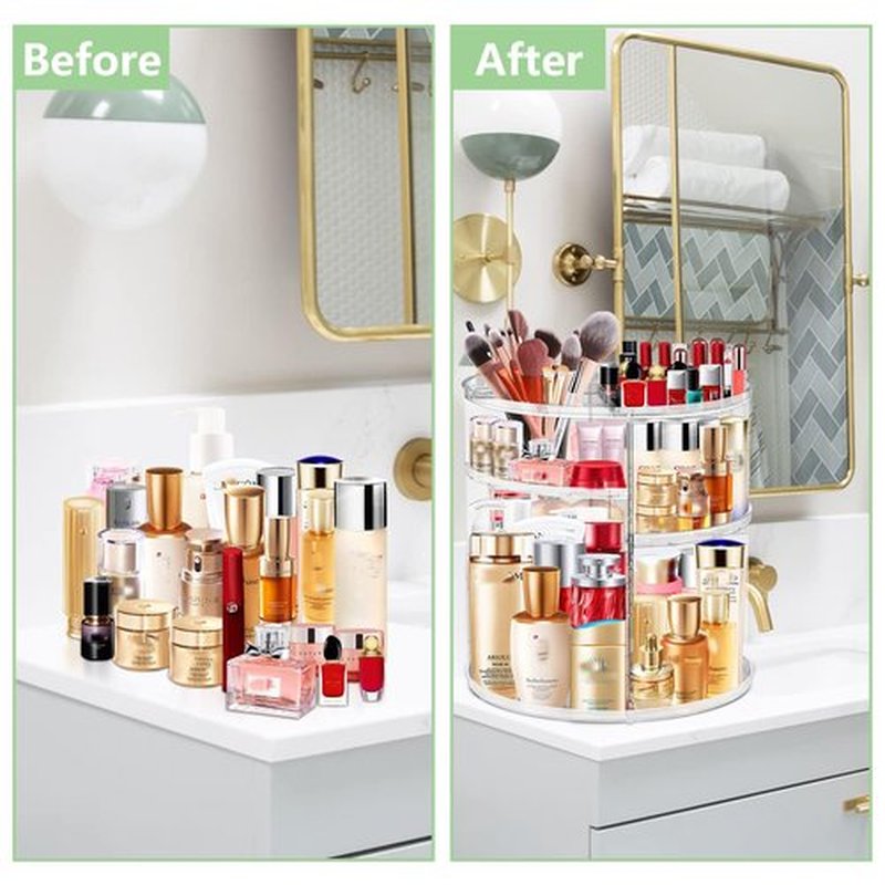 LeeWent 360 Rotating Makeup Organizer, Large Capacity Cosmetics Organizer for Perfume Holder Organizer Countertop DIY Spinning Makeup Organizer Fits Makeup Brushes Lipsticks Clear (Pink)