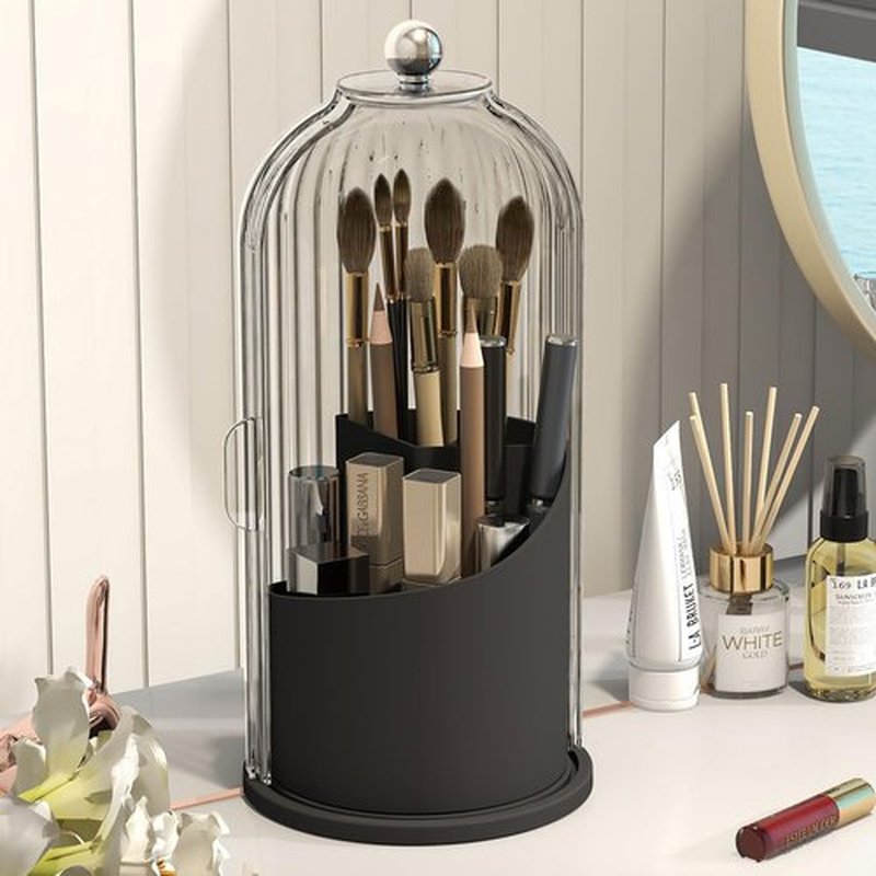 Emljkvp Makeup Brush Holder with Dustproof Cover 360 Rotating Makeup Brush Organizer for Vanity Bathroom, White/Black