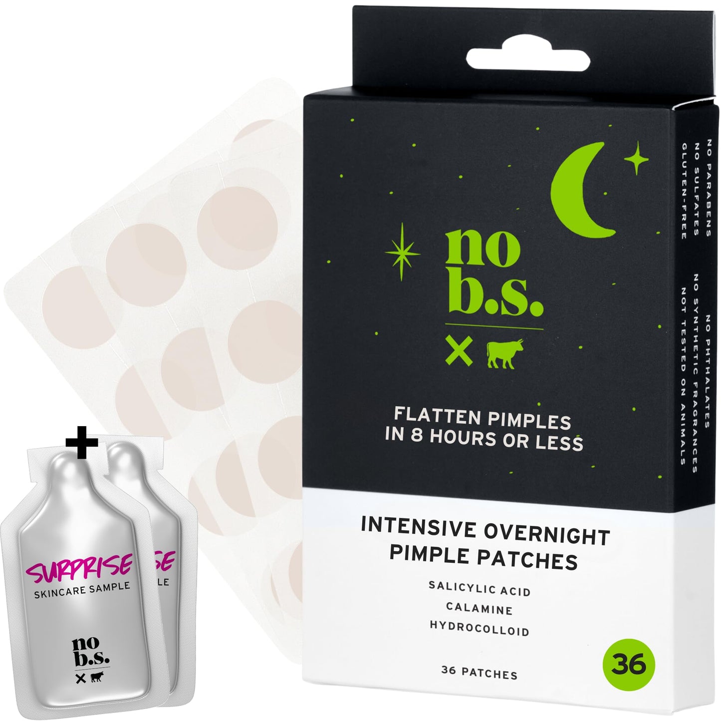 No Bad Stuff - Intensive Overnight Pimple Patches with Hydrocolloid, Salicylic Acid & Calamine, Pimple Patches for Face, Invisible on All Skin Tones, Waterproof Acne Patches, 36 CT