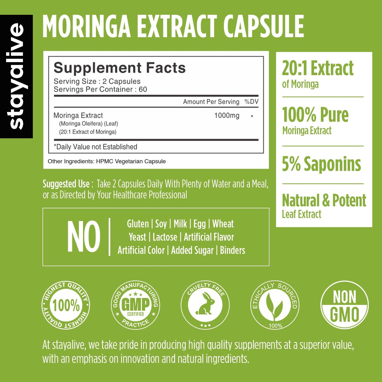 STAY ALIVE Moringa Capsules 1000mg, 20:1 Extract, 120 Pills, Green Superfood with Extra Strength, 100% Pure Oleifera Leaf Powder, 2 Months Supply, All Natural, Non-GMO & Gluten Free Moringa Supplement