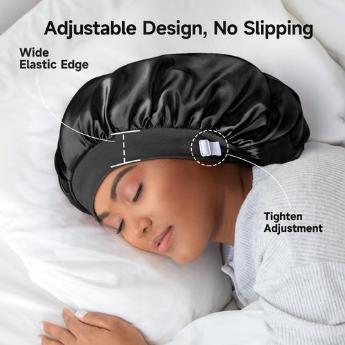 Umisleep 22 Momme 100% Real Mulberry Silk Bonnet for Sleeping Women, Large Hair Care Bonnet for Long Curly Hair, Double Layer Silk Hair Wrap with Soft Elastic Band, Non-Slip Sleep Cap, Black+Purple