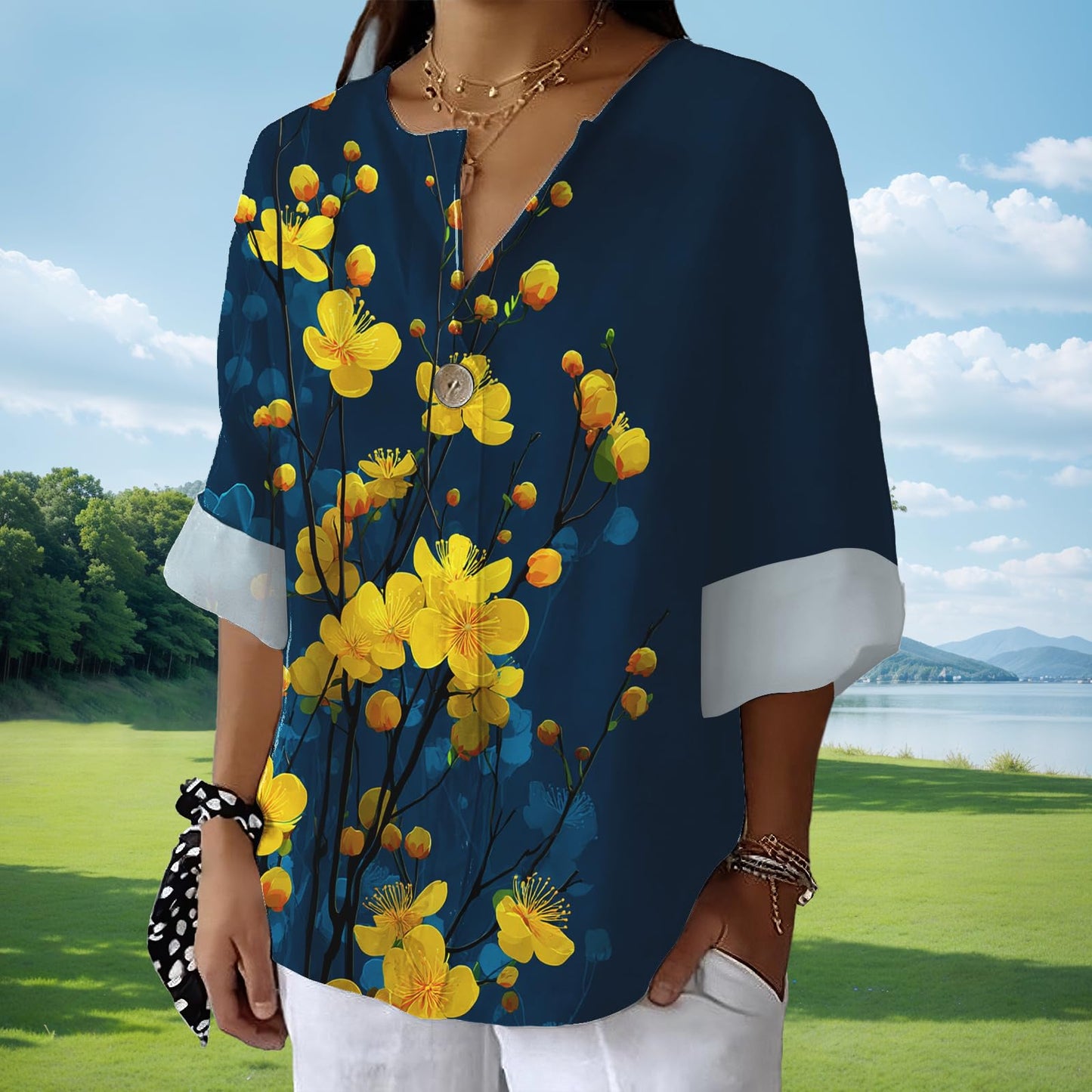 Xernbit Floral Bird Graphic Shirt Womens Casual Blouse Summer Fashion 3/4 Sleeve V Neck Tops Comfy Loose Lightweight Pullover Daily Clothing with Button Yellow Floret Blue S