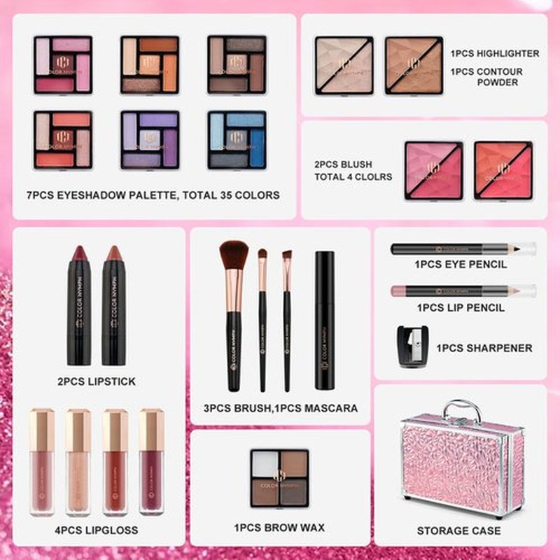 Color Nymph Makeup Case with Full Kit Cosmetics Set For Girls, Makeup Sets For Beginner Teenages Train Case Make Up Kit Cosmetics Box Includs Eyeshadow Lipstick Blush Lipgloss Mascara and Tools -Pink